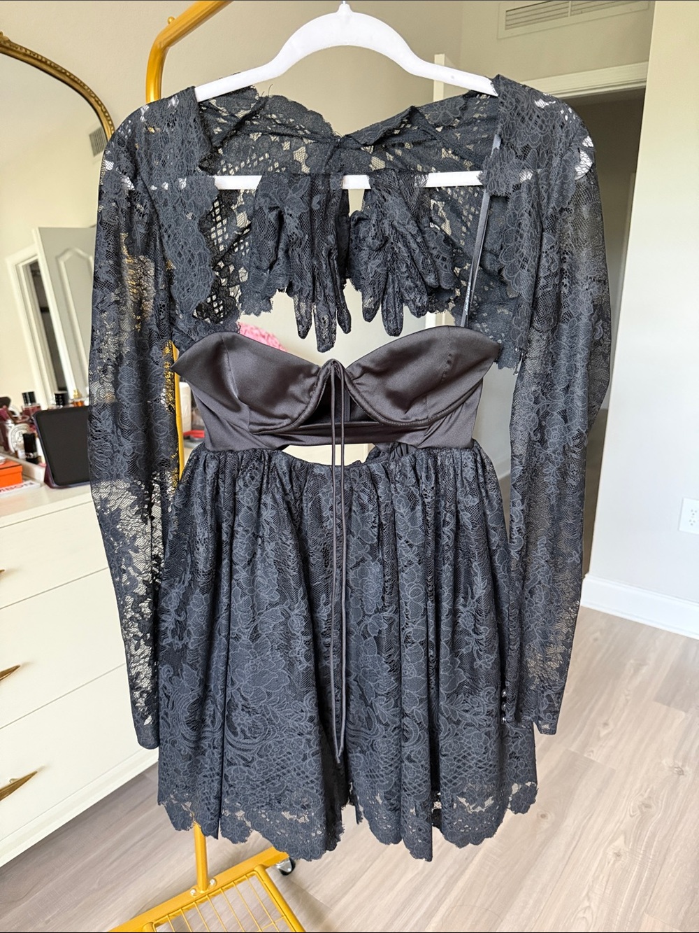 For Love And Lemons Black Lace Bustier Chemise with Satin Bodice